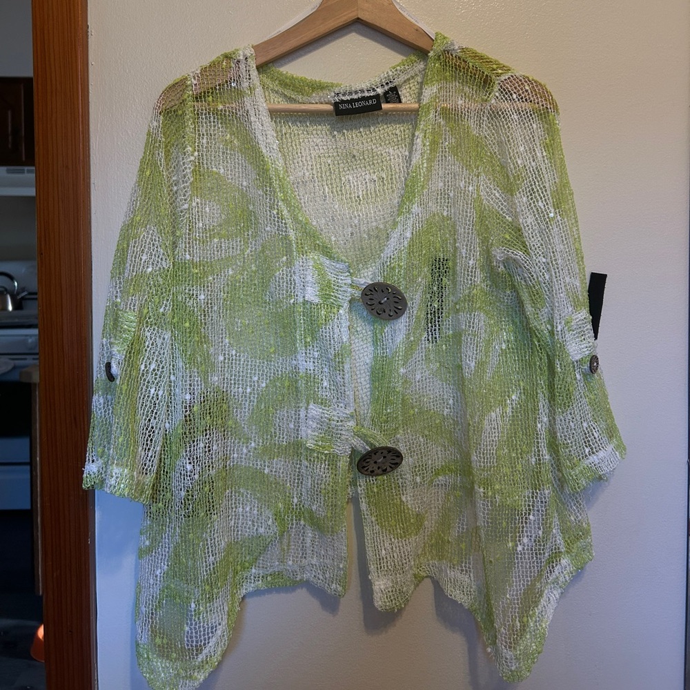 Nina Leonard Lime and White Knit Cardigan